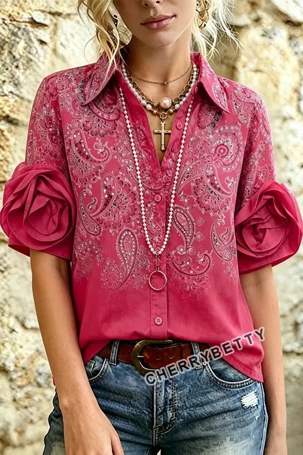 Gradient Paisley Print Short Sleeve Rose Floral Cuff Blouse