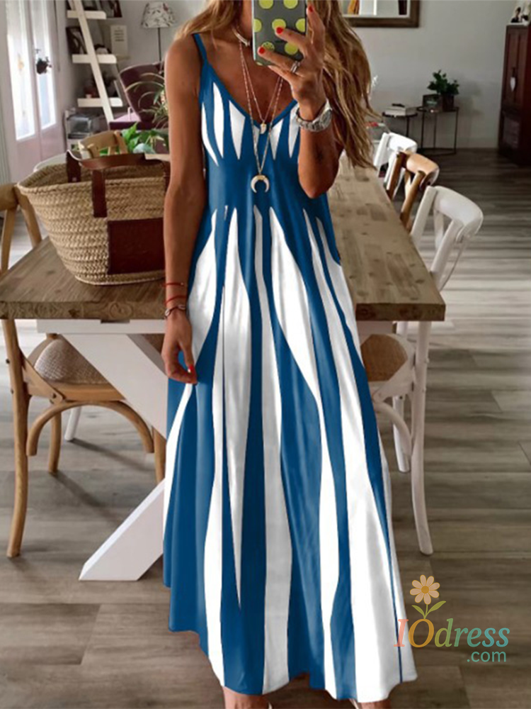 IO Dress Sexy Sleeveless Dress Women Black White Stripe Printed Long Dresses Summer Casual Vacation Party Dress Robe IO Dress