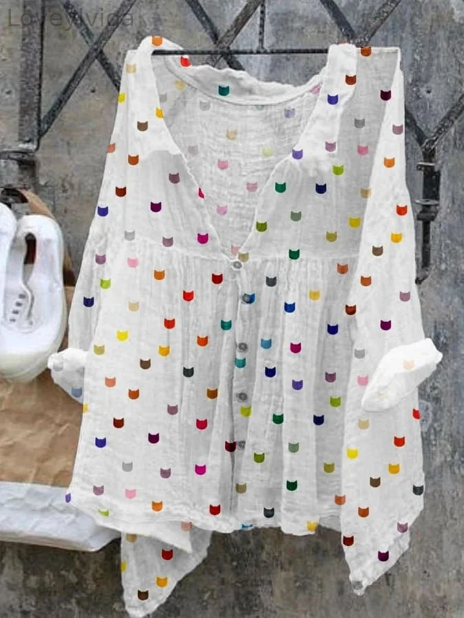 Women's Cute Cat Face Print Cotton And Linen Shirt