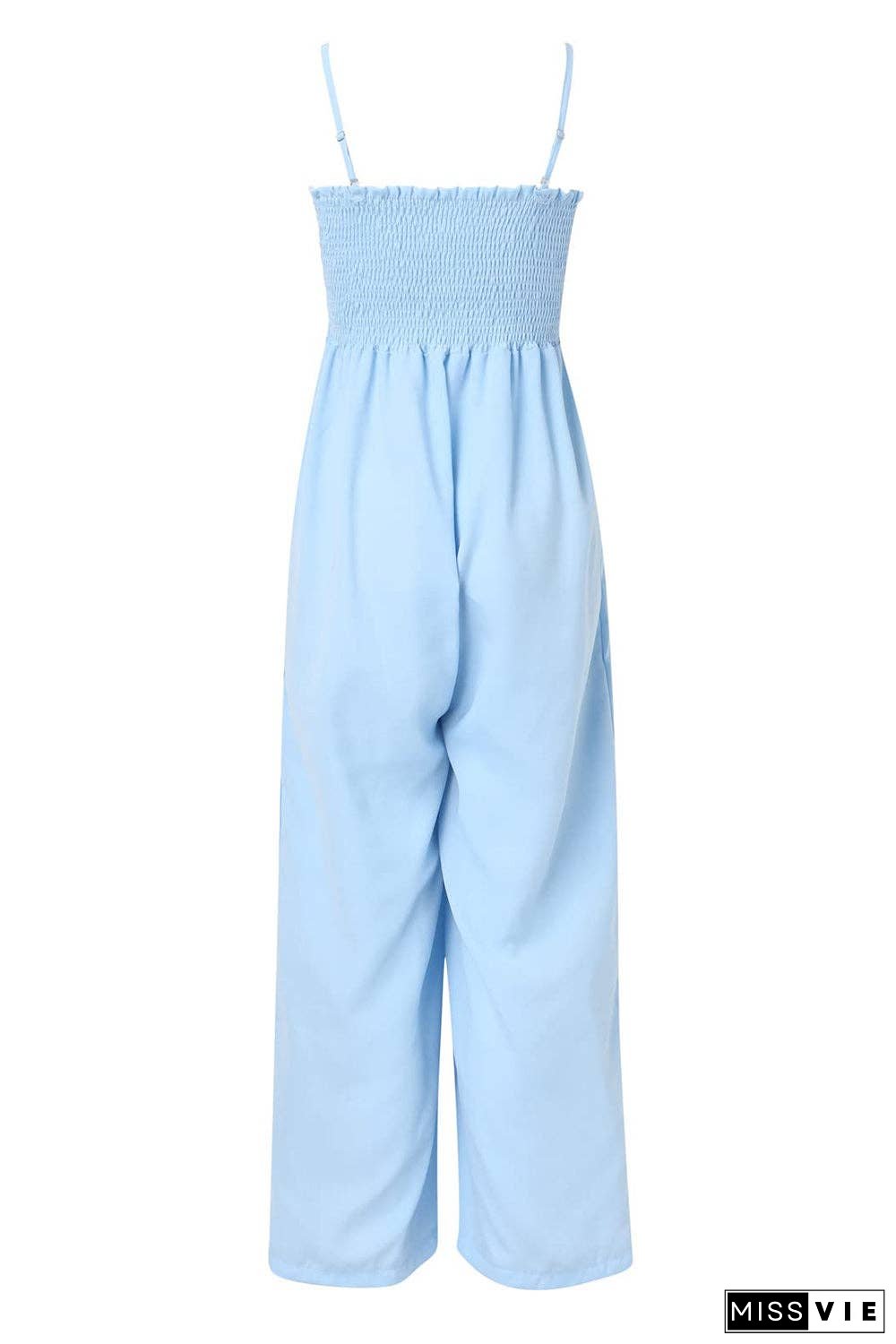 Smocked Spaghetti Strap Wide Leg Jumpsuit - Pocketed