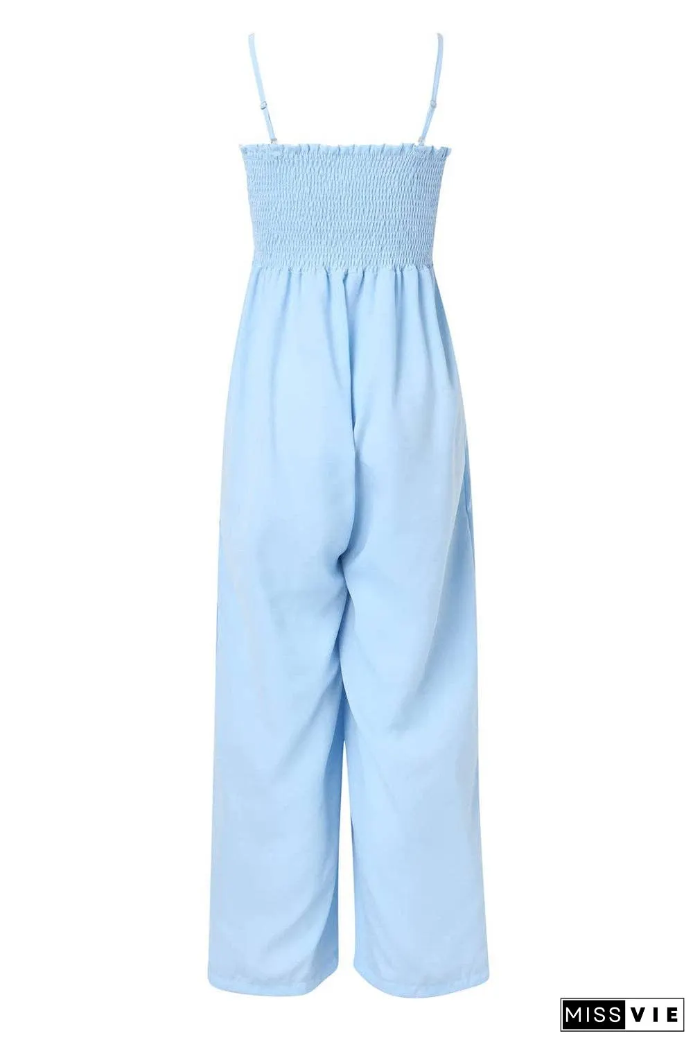 Smocked Spaghetti Strap Wide Leg Jumpsuit - Pocketed