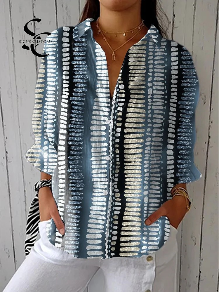 Women's Vintage Line Art Print Casual Linen V-neck Shirt