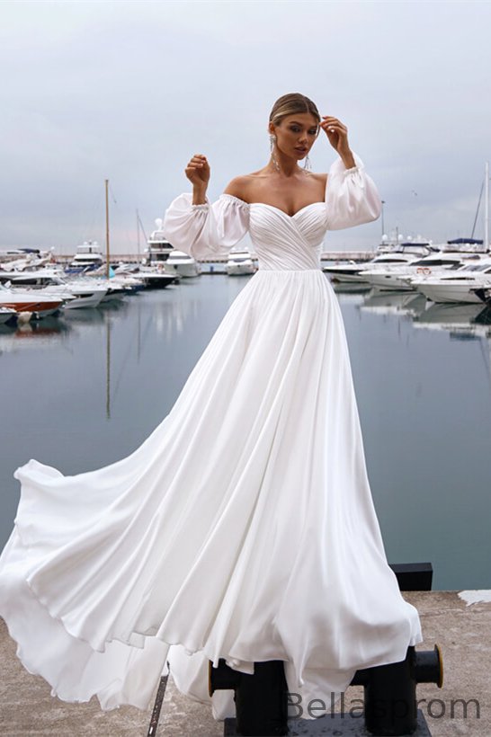 Bellasprom Off-the-Shoulder Long Sleeves Beach Wedding Dress A-Line With Sweetheart Bellasprom