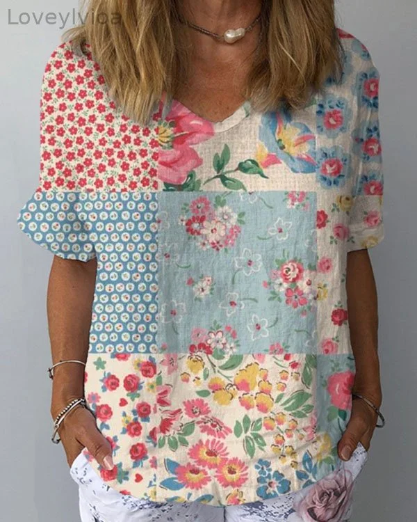 Women's Casual Floral Loose Short Sleeve Top