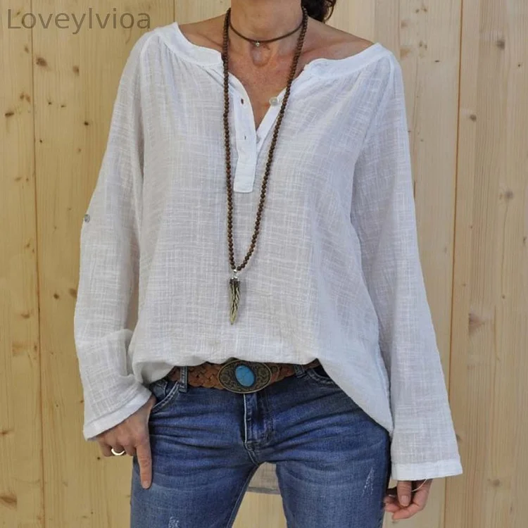 Solid Color V-Neck Long Sleeved Loose Blouse