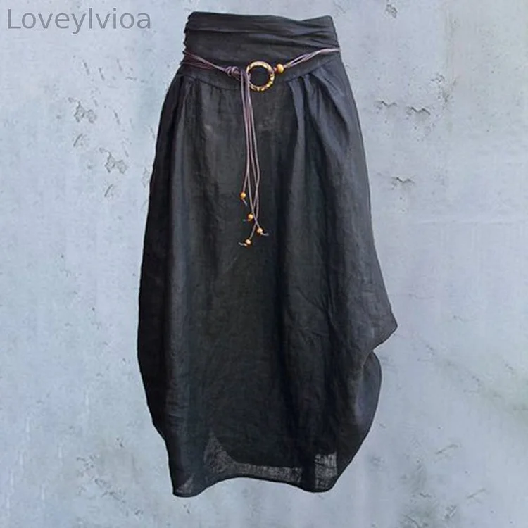 Vintage Plain Pleat Cotton Linen Loose Casual Skirt