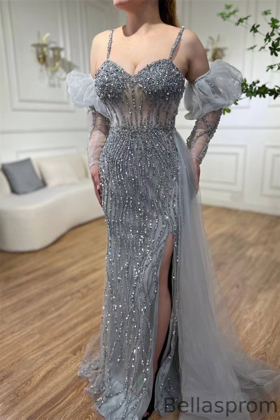 Bellasprom Grey Spaghetti-Straps Evening Gown Mermaid With Beadings Split Long Sleeves Bellasprom