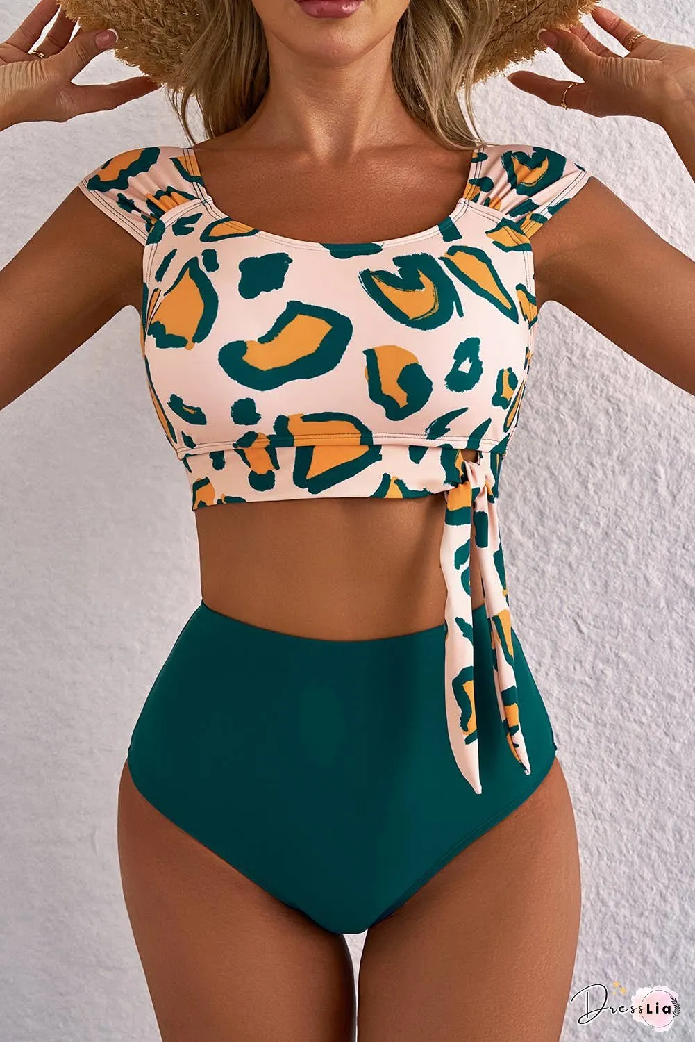 Colorblock Leopard Knotted Bikini Set