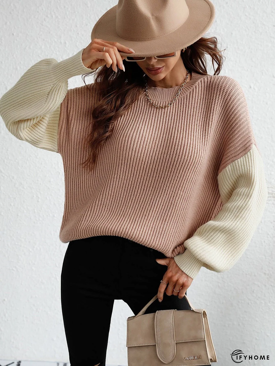 Two-Tone Rib-Knit Dropped Shoulder Sweater | IFYHOME