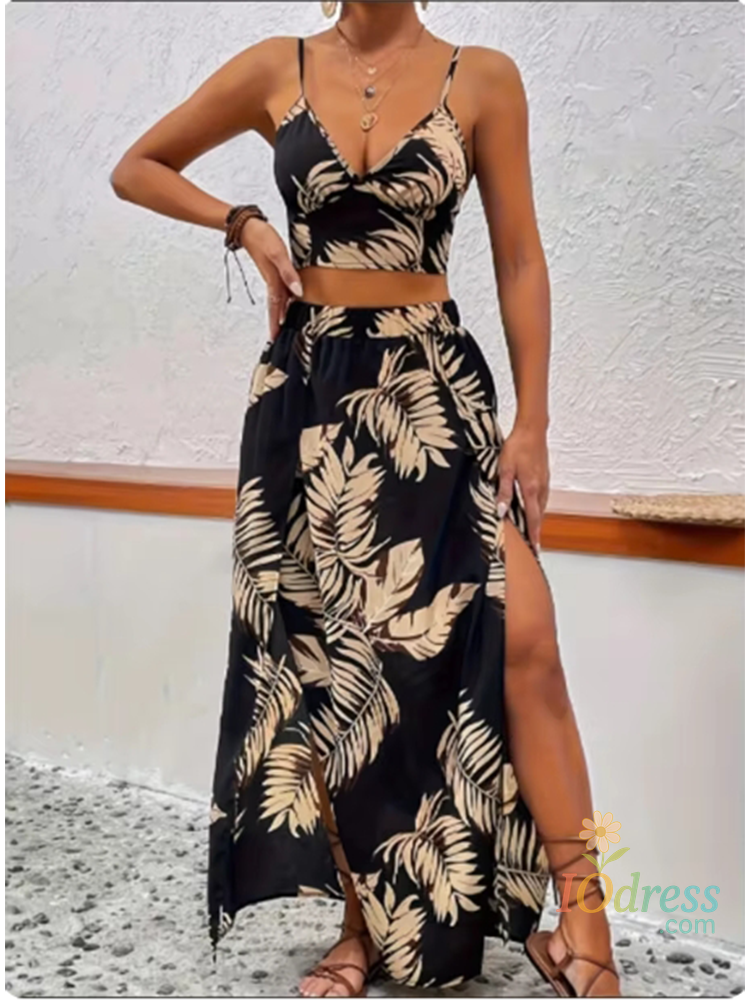 IO Dress Sleeveless Printed Dress Set for Women Sexy Half Skirt Elegant Deep V-Neck Strap High Waist Summer Luxury IO Dress