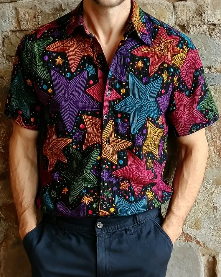 Men's Summer Fashion Rainbow-Colored  Linen Short-Sleeve Top 6624
