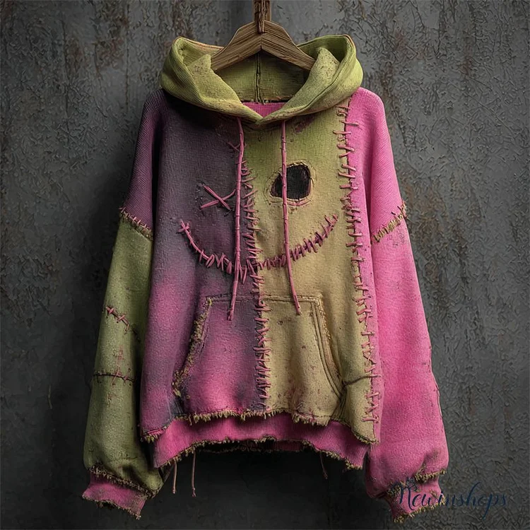 Halloween Spooky Face Stitched Colorblock Patchwork Washed Hoodie