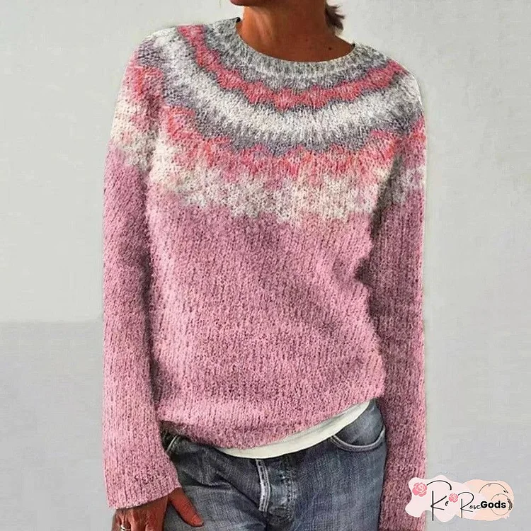 Women's Vintage-Inspired Fair Isle Sweater - Cozy Loose Fit, Long Sleeve, Round Neck, Brown & White Cable Pattern, Perfect for Fall/Winter, Casual Chic Style, Casual Chic Wear|Vintageinspired Design| Construction, Sweater Dress