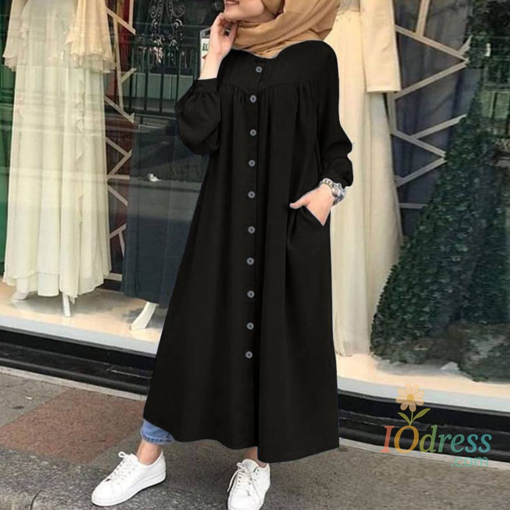 IO Dress Fashion Retro Button Women Dress Casual Long Sleeve Cotton Solid Color O-neck Maxi Dresses Loose Elegant Long Dress Femme