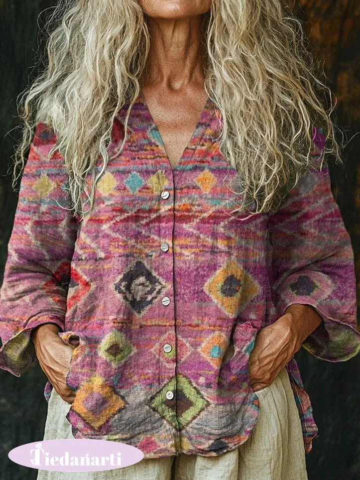 Women's Vintage Tribal Style Totem Print Linen And Cotton V-neck Casual Shirt