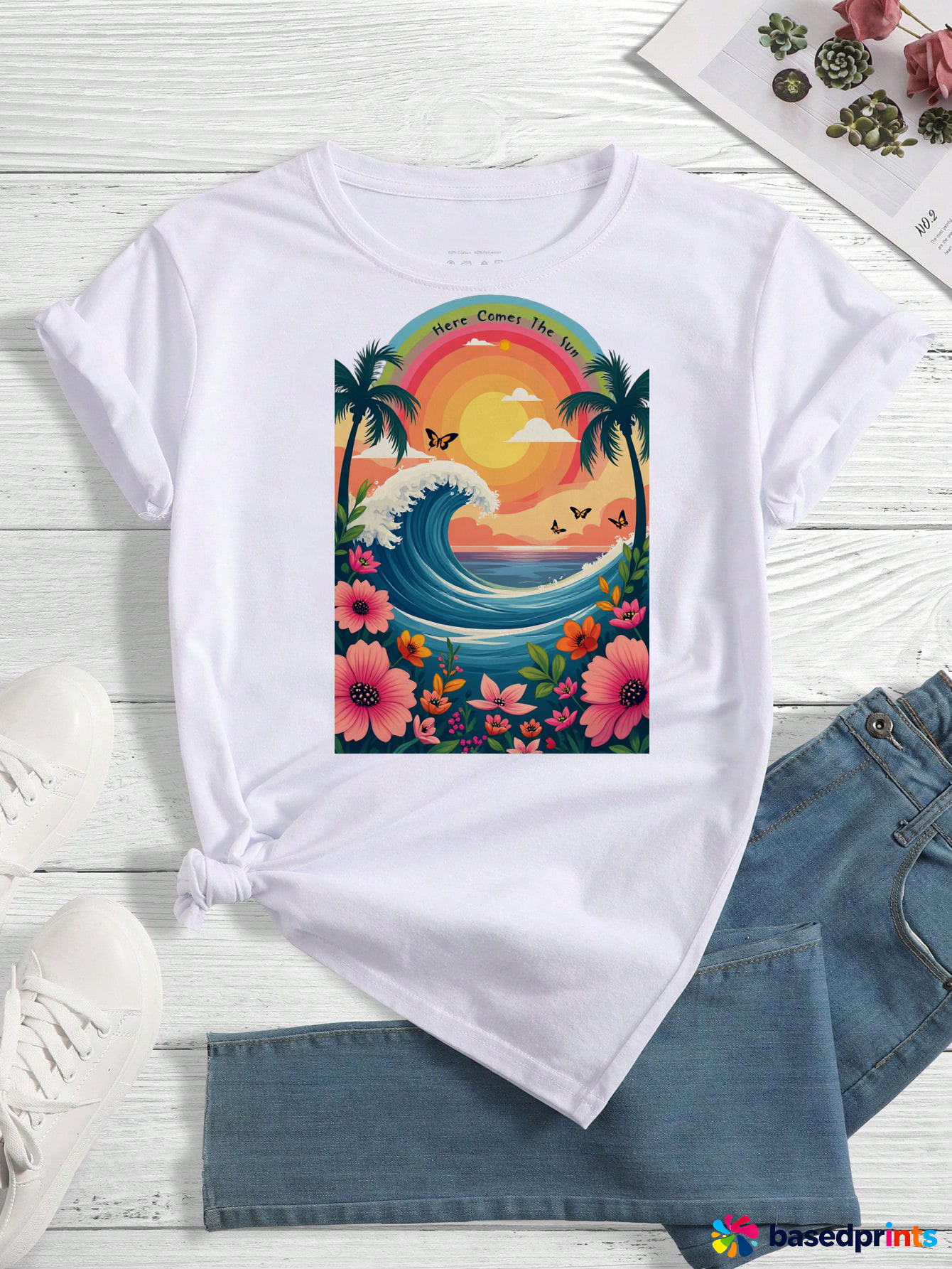 Summer Beach Wave Floral Print T-Shirt Women Casual Short Sleeve Tops