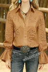 Elegant Textured Flower Bell Sleeve Button Up Blouse