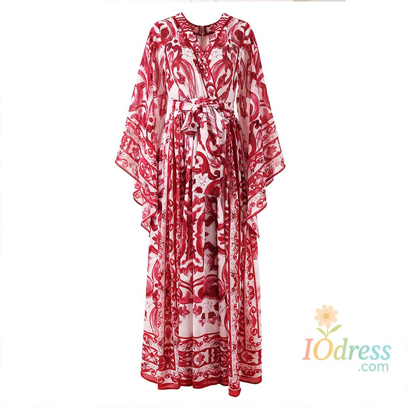 IO Dress Red Blue And White Porcelain Print Holiday Dress Summer Vintage Bohemia Dress Women's  Loose Lace Up Belt Long Robe Vestido IO Dress