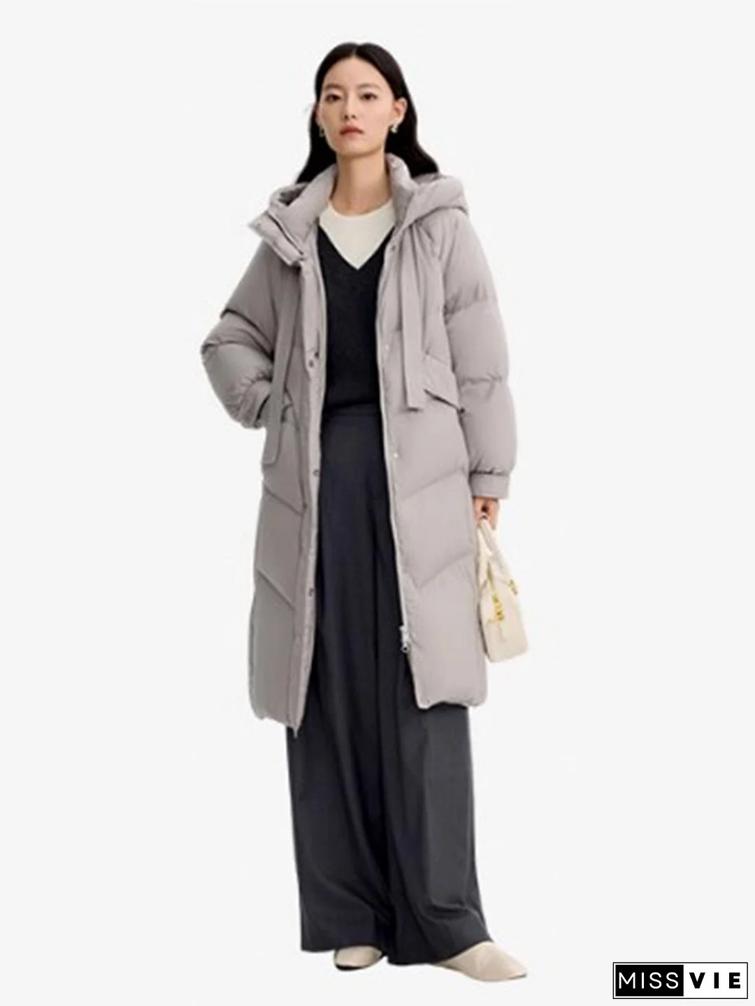 Women's White Fur Collar Hooded Parka Coat - Full-Zip Winter Jacket with Full-Length Coverage, Mid-Length Warm Fleece (No Belt), Hand Wash/Dry Clean - European Style Outerwear for Cold Weather (Casual & Formal) - Coat AA