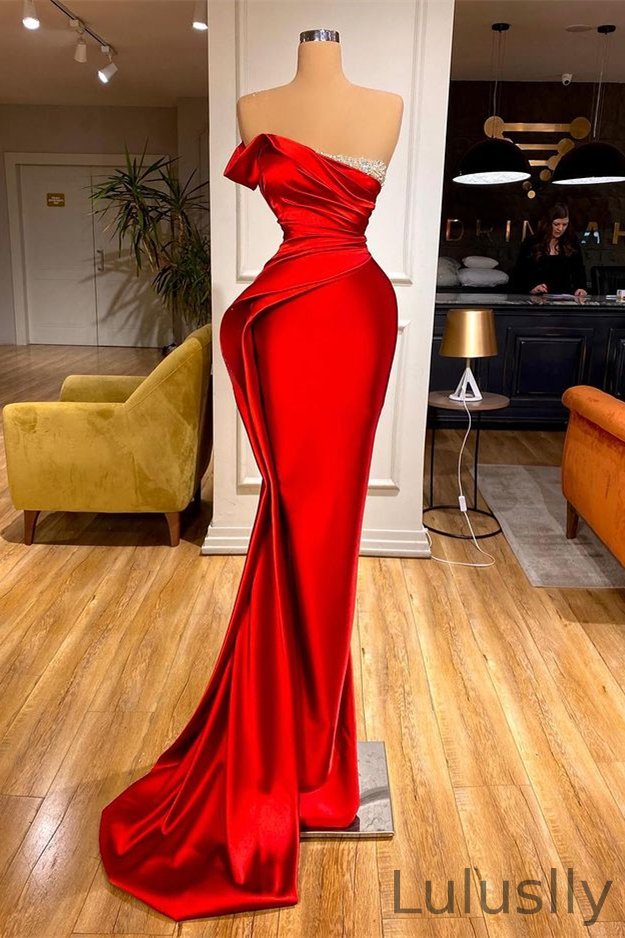 Luluslly Red Ruched Mermaid Prom Dress Long With Beads