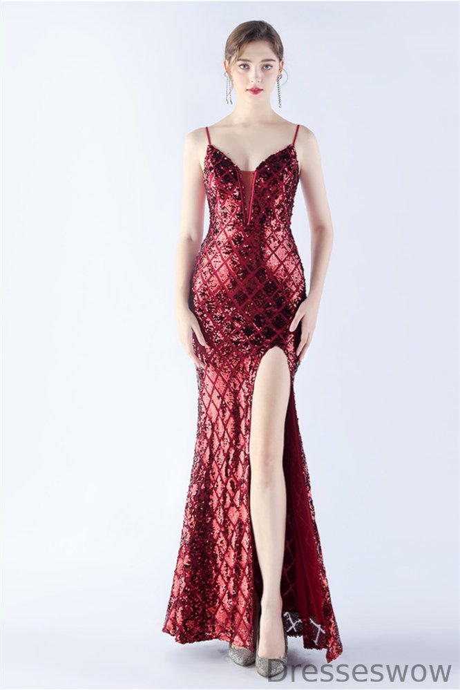 Dresseswow Spaghetti-Straps Mermaid Evening Dress Sequins Slit Lace-up Back
