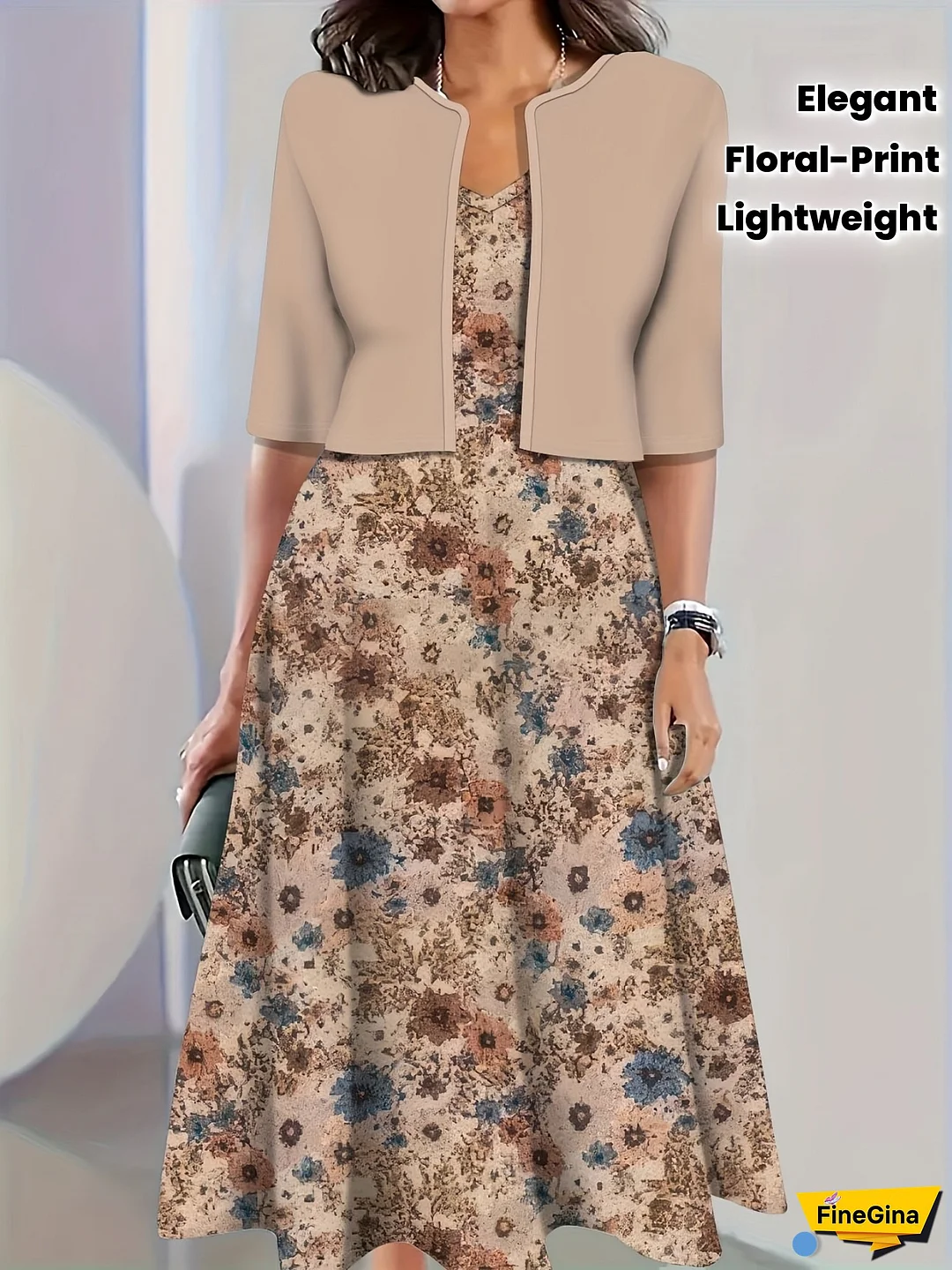 [Elegant Dress Set] Lightweight Elegant Floral Print Dress Set | V-Neck Midi Dress And Open Front Jacket For Women's Outfit 183