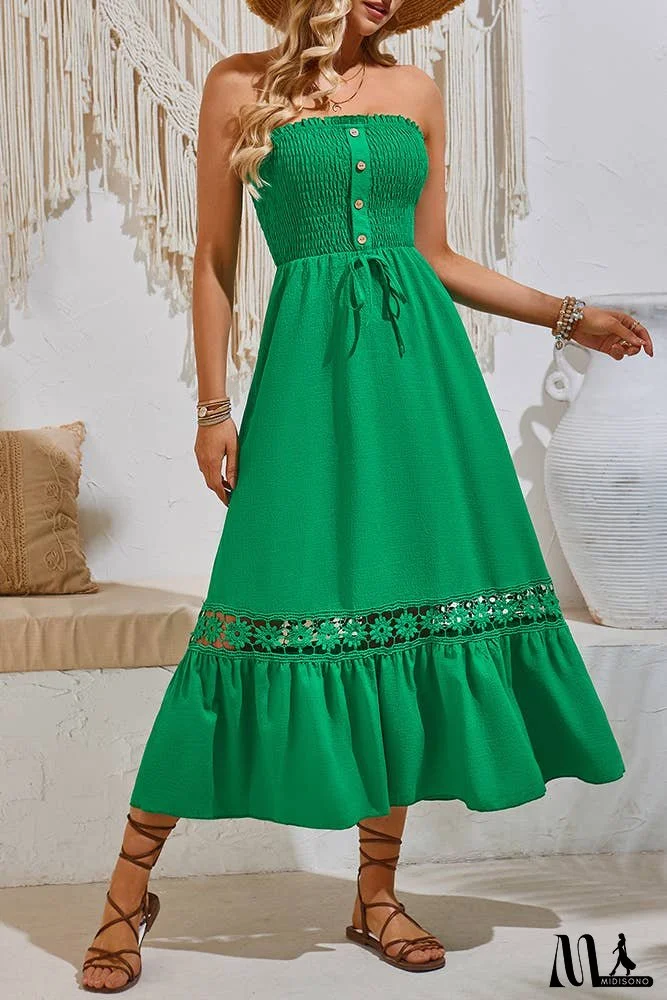 Spring Plain Strapless Smocked Buttoned Maxi Dress SN355