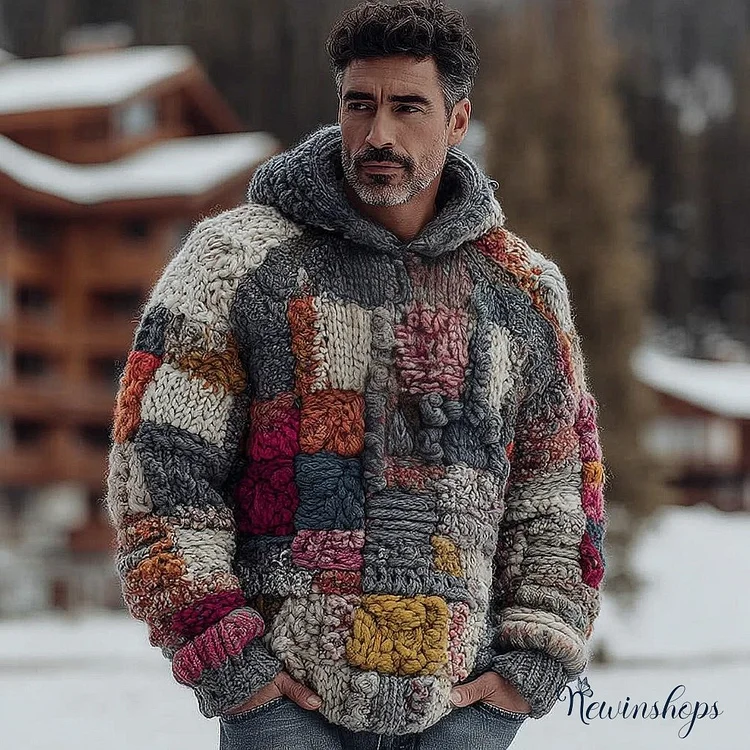 Men's Retro Geometric Color Block Chunky Knit Warm Hooded Sweater