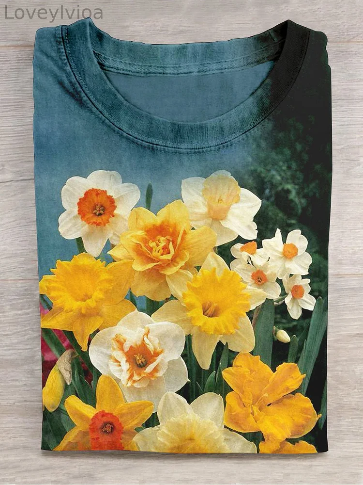 Unisex Narcissus Floral Art Print Crew Neck Short Sleeve T-Shirt