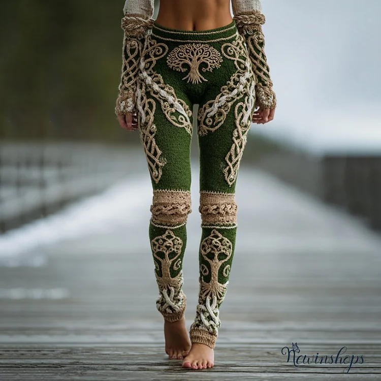 Women's Vintage Viking Tree Of Life Celtic Knot Jacquard Leggings