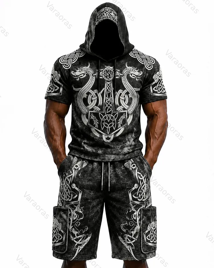 Men's Viking Color-Block Embroidered Hooded Short-Sleeved Top and Shorts Set 3163