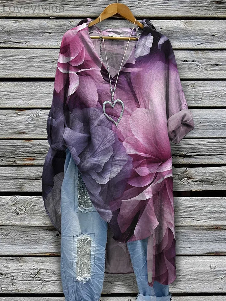 Women‘s Flower Print Casual Cotton And Linen Shirtdress