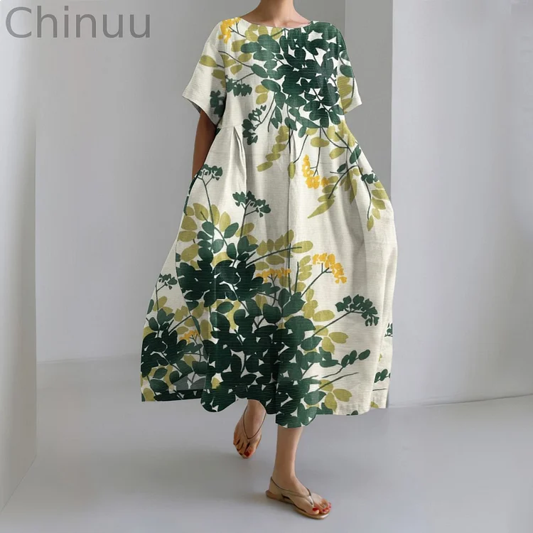 Japanese Art Flower Print Round Neck Loose Midi Dress