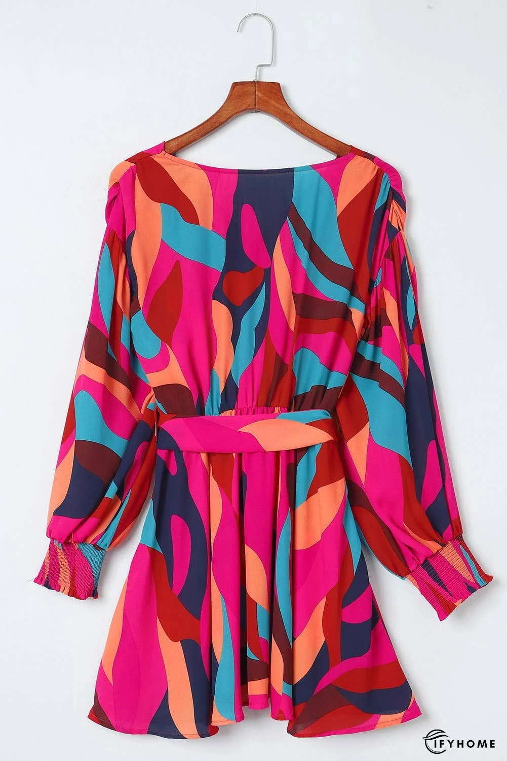 Abstract Printed Belted Puff Sleeve Mini Dress | IFYHOME