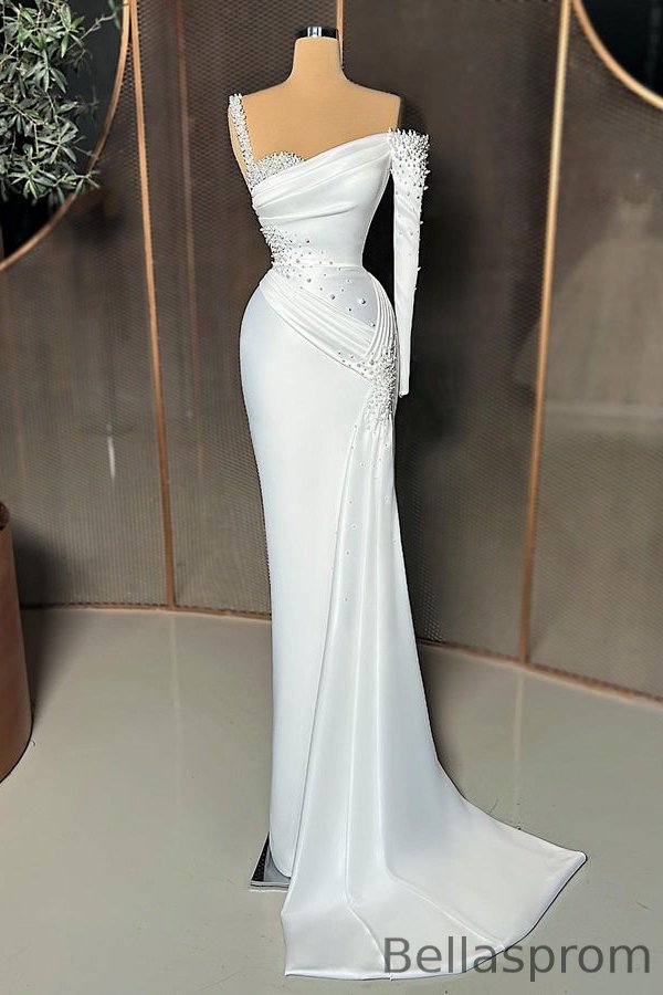 Bellasprom One Shoulder Long Sleeve Prom Dresses Mermaid With Pearls Bellasprom