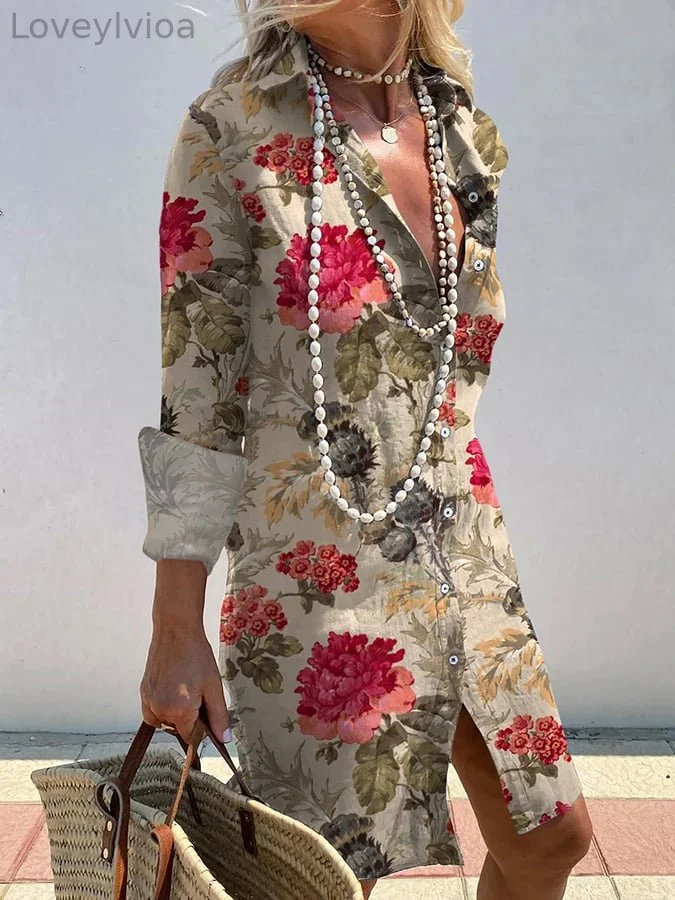 Women's Elegant Floral Print Shirt Dress