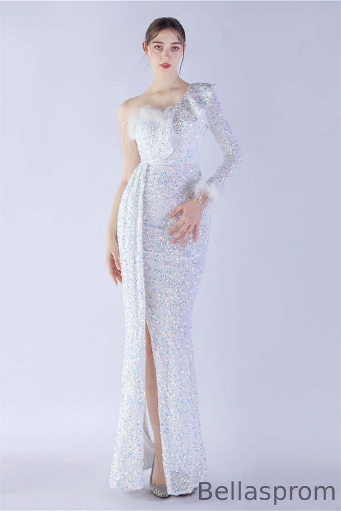 Bellasprom One Shoulder Long Sleeves Prom Dress Sequins Mermaid With Feather Bellasprom