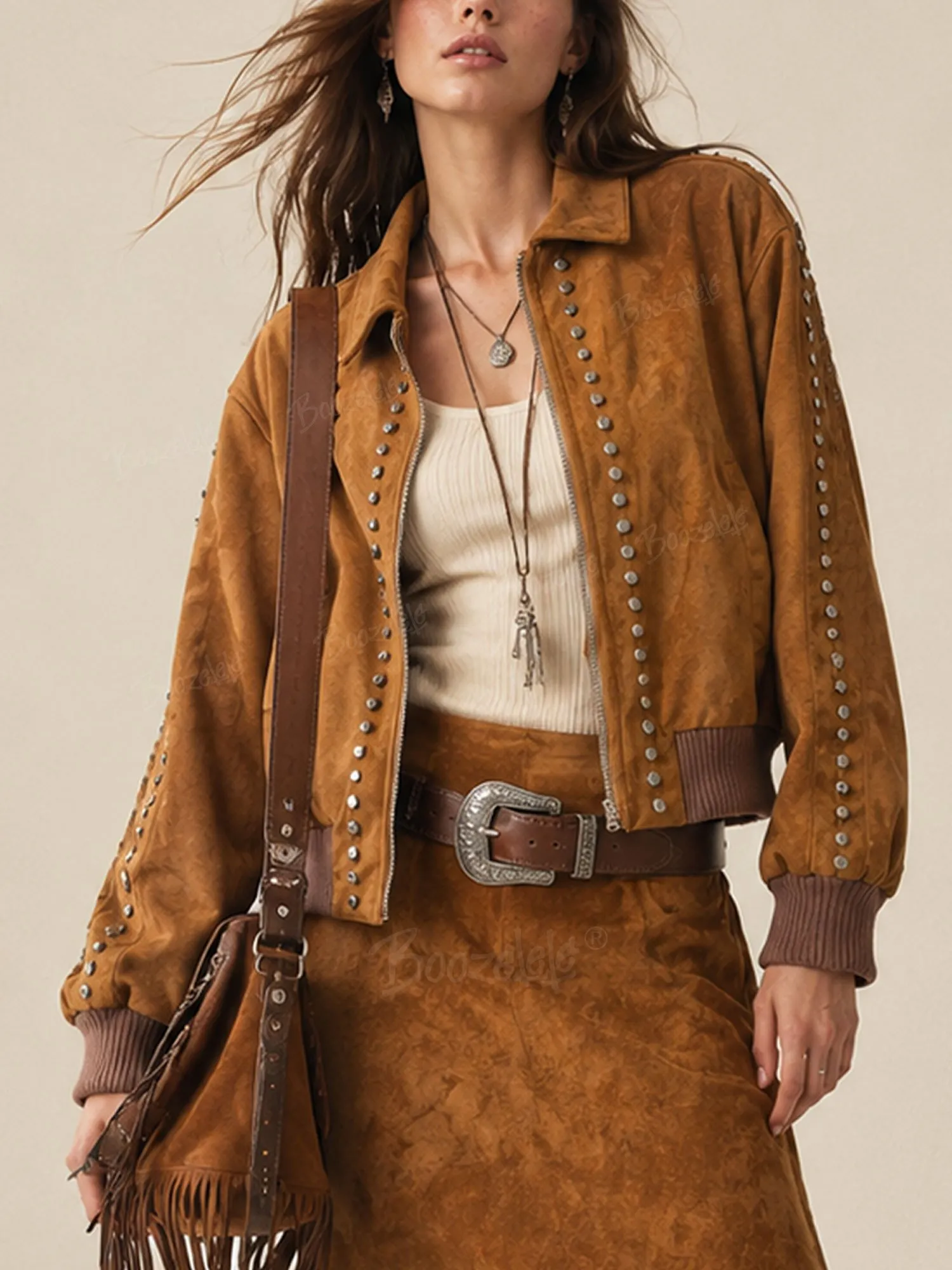 Perfect for Country Music Festivals &mdash; 2026 S/W, Women&rsquo;s, Brown, Rivet Embellished, Vintage Suede Bomber Jacket