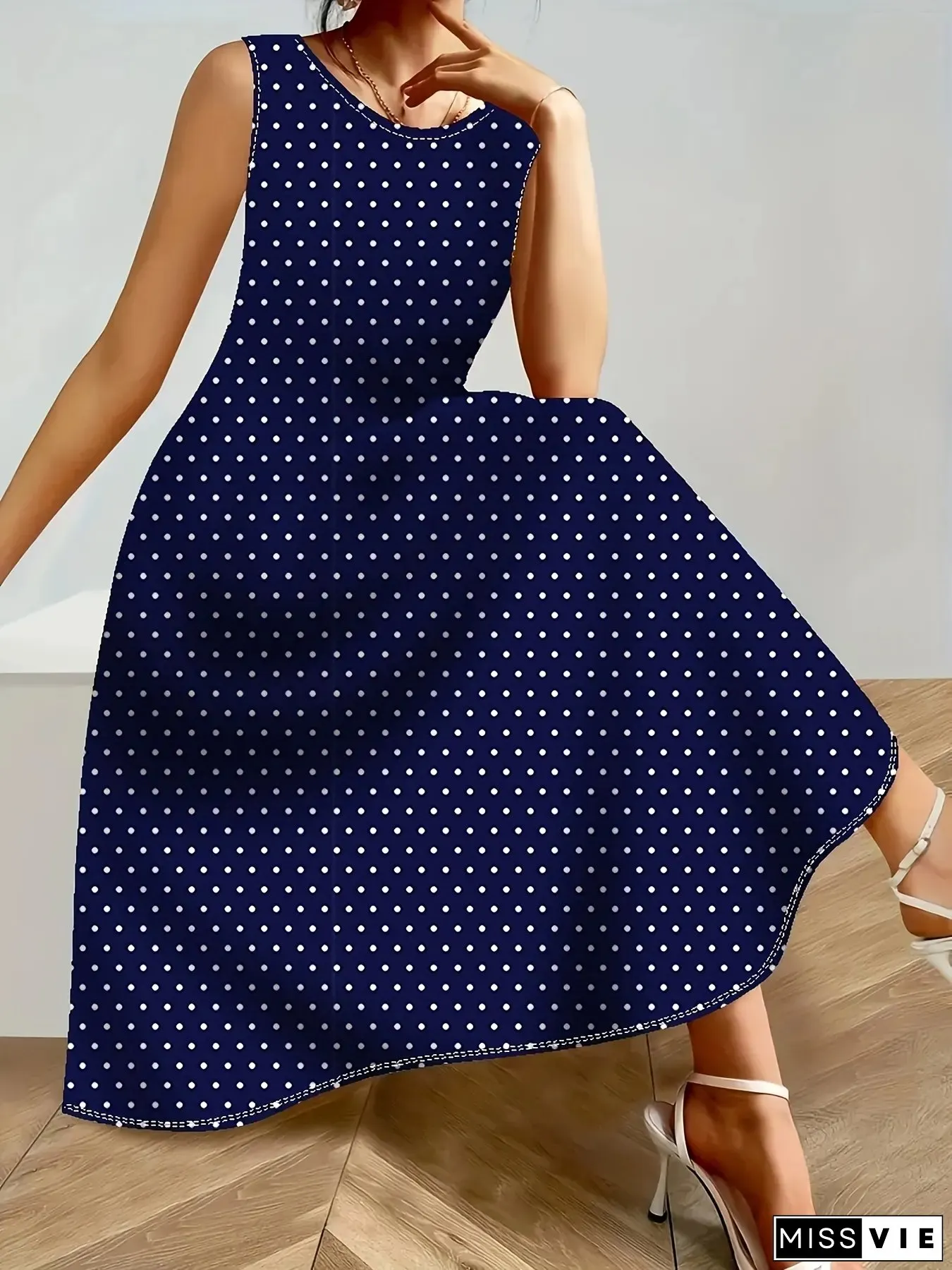 Elegant Plus Size Sleeveless Midi Dress With Polka Dot Pattern Crew Neck Stretch Fabric