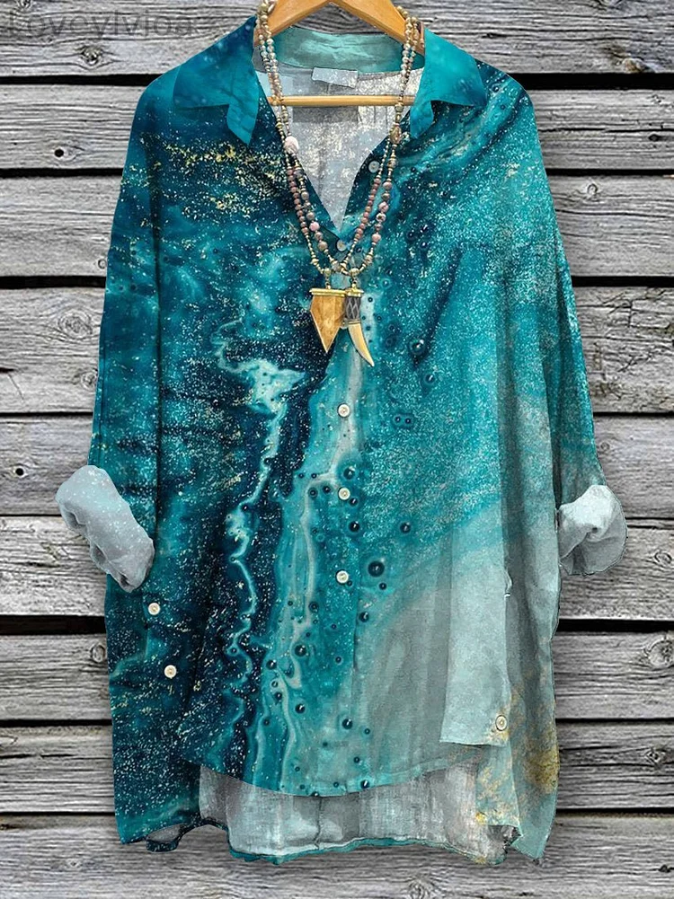 Women's Retro Style Pattern Print Casual Cotton And Linen Shirt