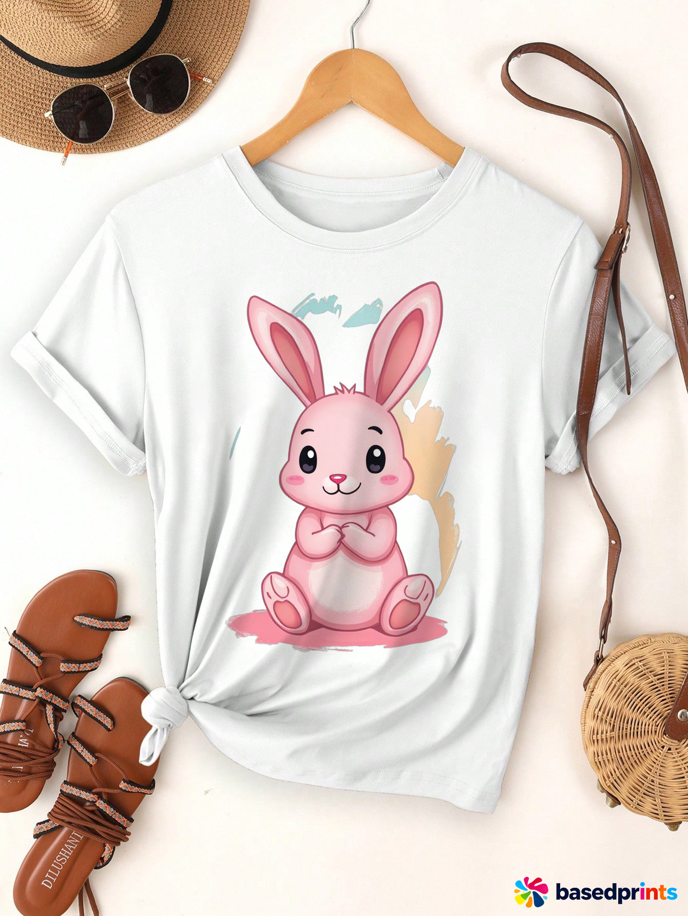 White Cute Rabbit T-Shirt Women Summer Casual Short Sleeve Tops