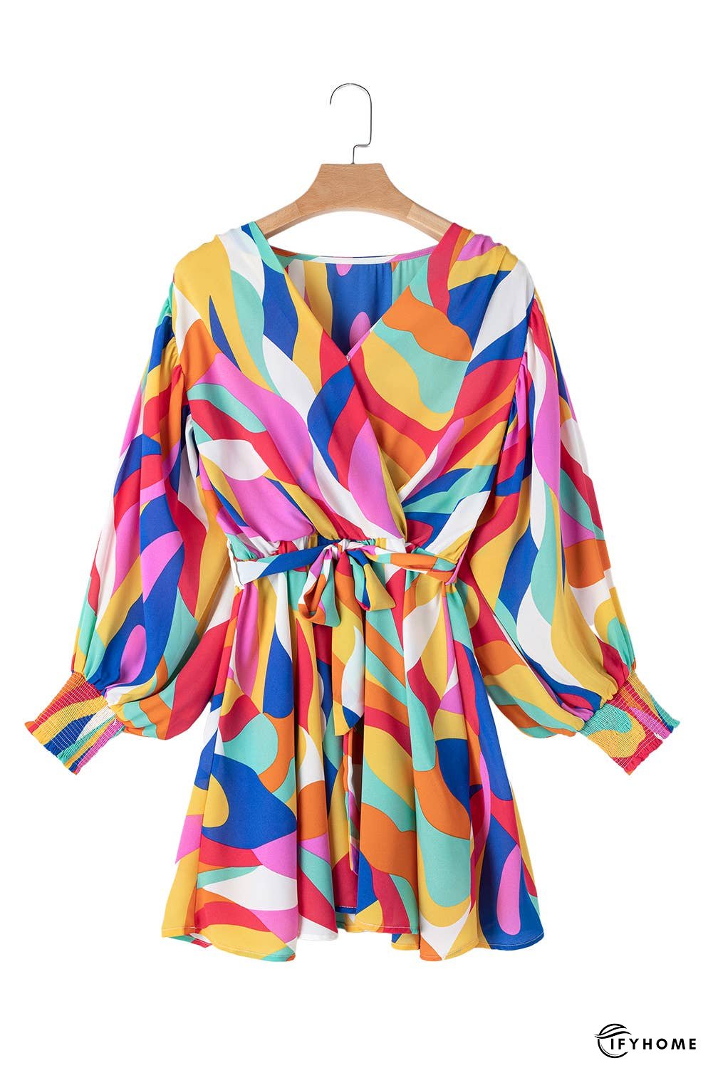 Abstract Printed Belted Puff Sleeve Mini Dress | IFYHOME