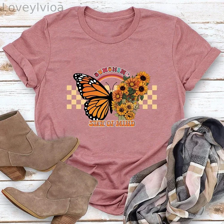 Sunflower Butterfly Round Neck T-shirt-0018800