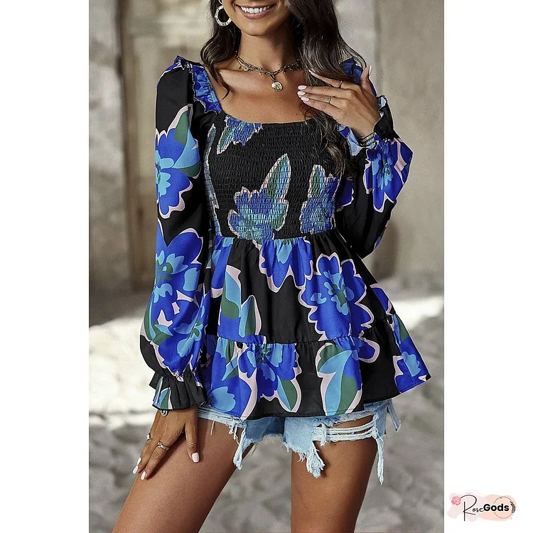 Graphic Print Square Neck Color Block Ruffle Top