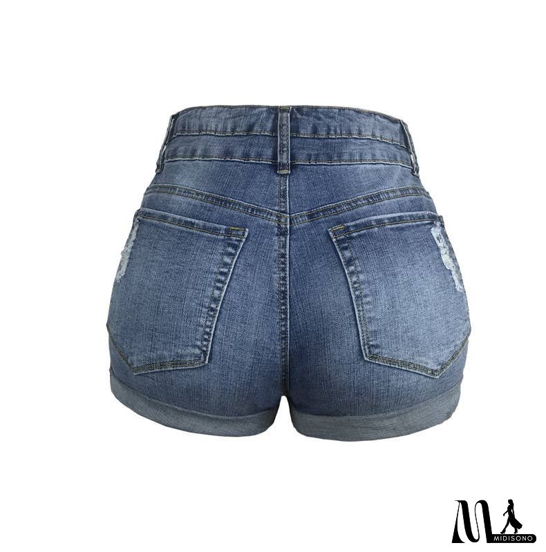 Women's Ripped Hem Elastic High Waist Denim Shorts