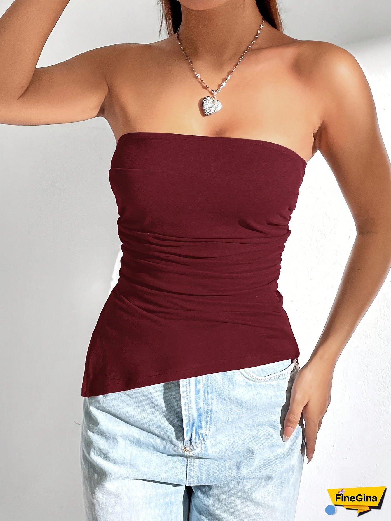 Women's Solid Pleated Bandeau Crop Top With Asymmetrical Hem, Sleeveless