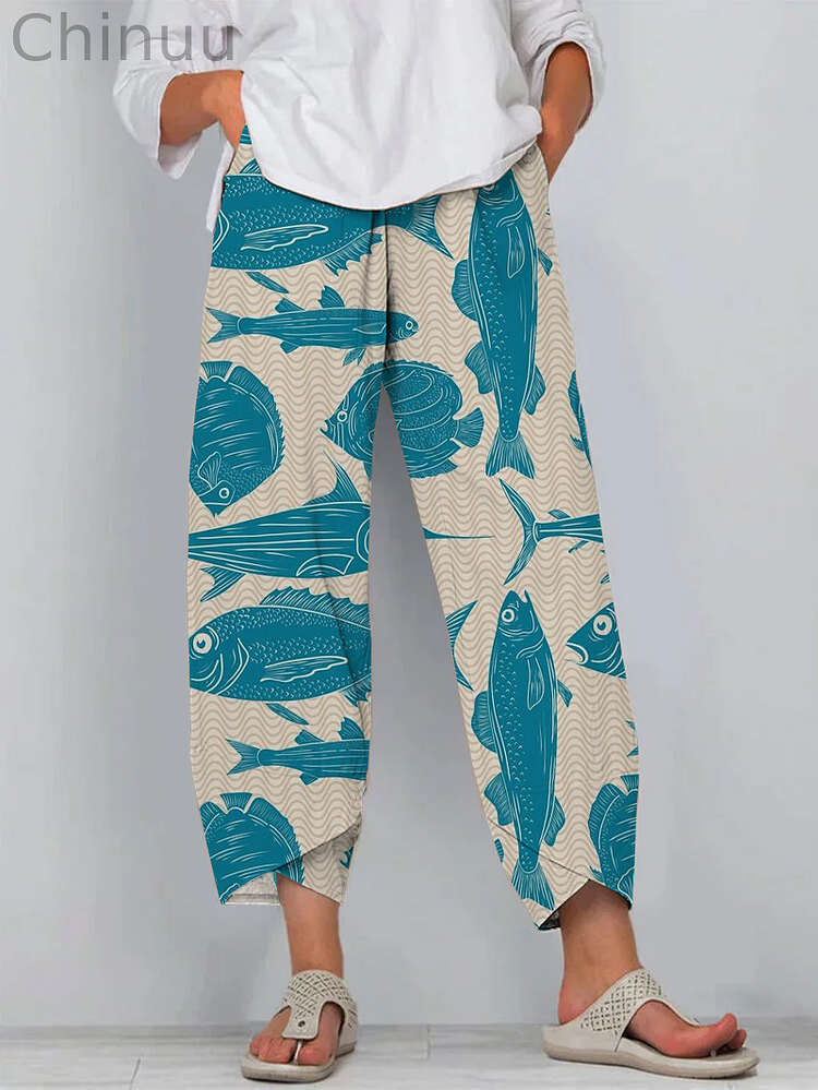 Casual Ocean Fish Print Cropped Pants
