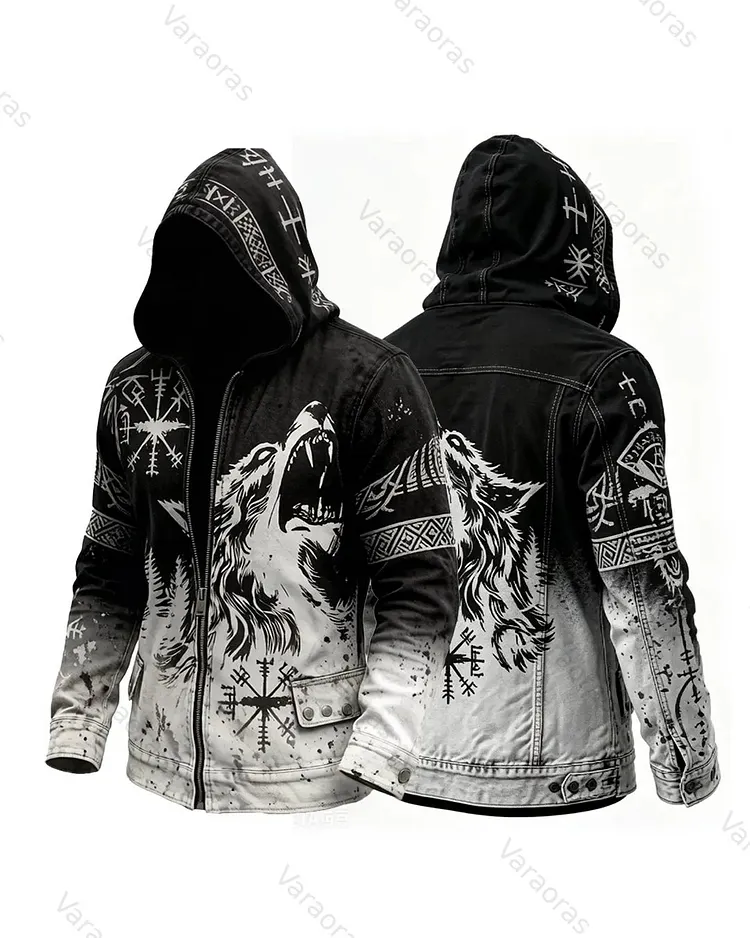 Men's Retro Fashion Viking Wolf Print Cotton Linen Hooded Zip-Up Jacket  6175