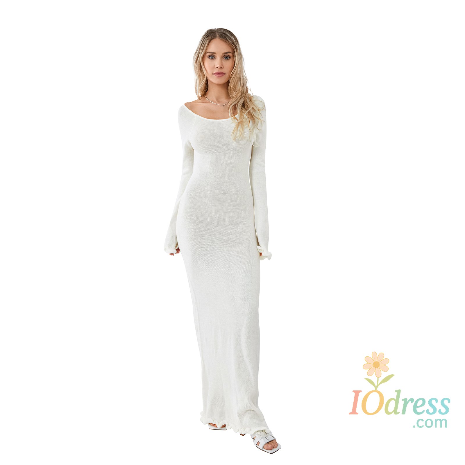 IO Dress Women's Autumn Winter Knitted Bodycon Dress Long Sleeve Tie Backless Round Neck Solid Color Ruffle Trim Long Dress Beachwear