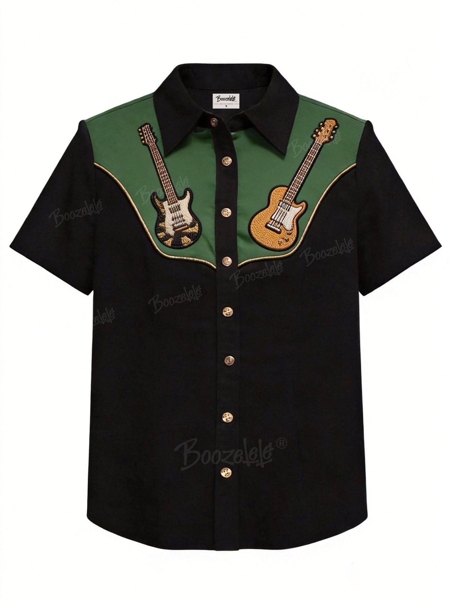 Western-Style Country Music Guitar Print Short-Sleeved Shirt &ndash; 100% Cotton Shirt